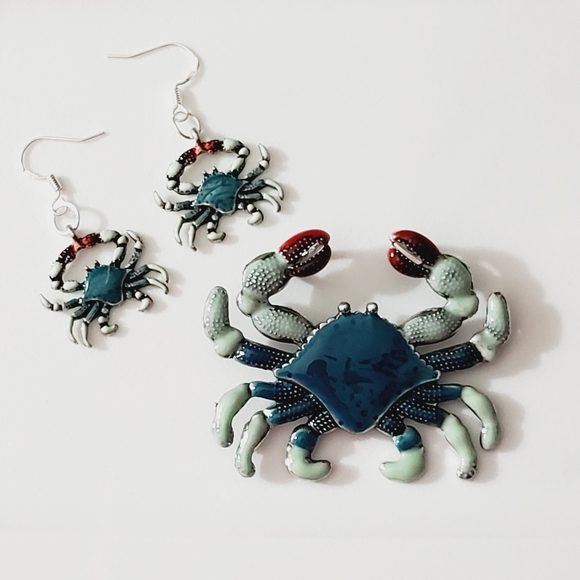 SALE! Crab pendant earrings set 925 sterling silver handmade enamel NICE! Beach - Picture 7 of 16